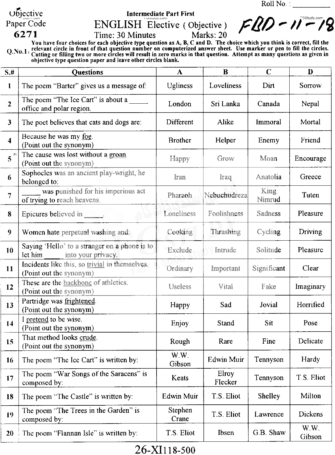 11th Class English Past Paper 2018 Faisalabad Board Objective