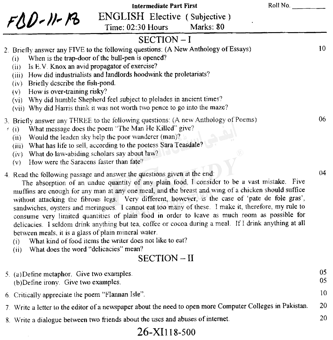 11th Class English Past Paper 2018 Faisalabad Board Subjective