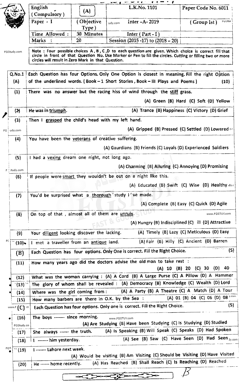 11th Class English Past Paper 2019 Bahawalpur Board Group 1 Objective