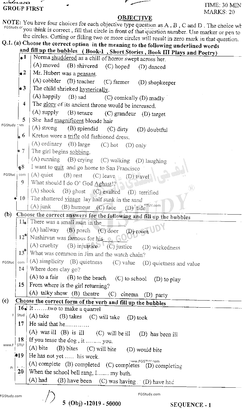 11th Class English Past Paper 2019 Dg Khan Board Group 1 Objective