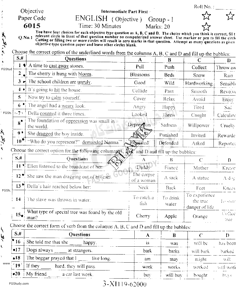 11th Class English Past Paper 2019 Faisalabad Board Group 1 Objective