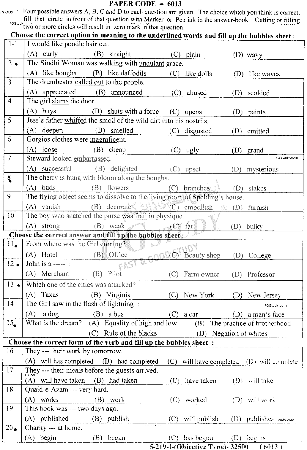 11th Class English Past Paper 2019 Lahore Board Objective
