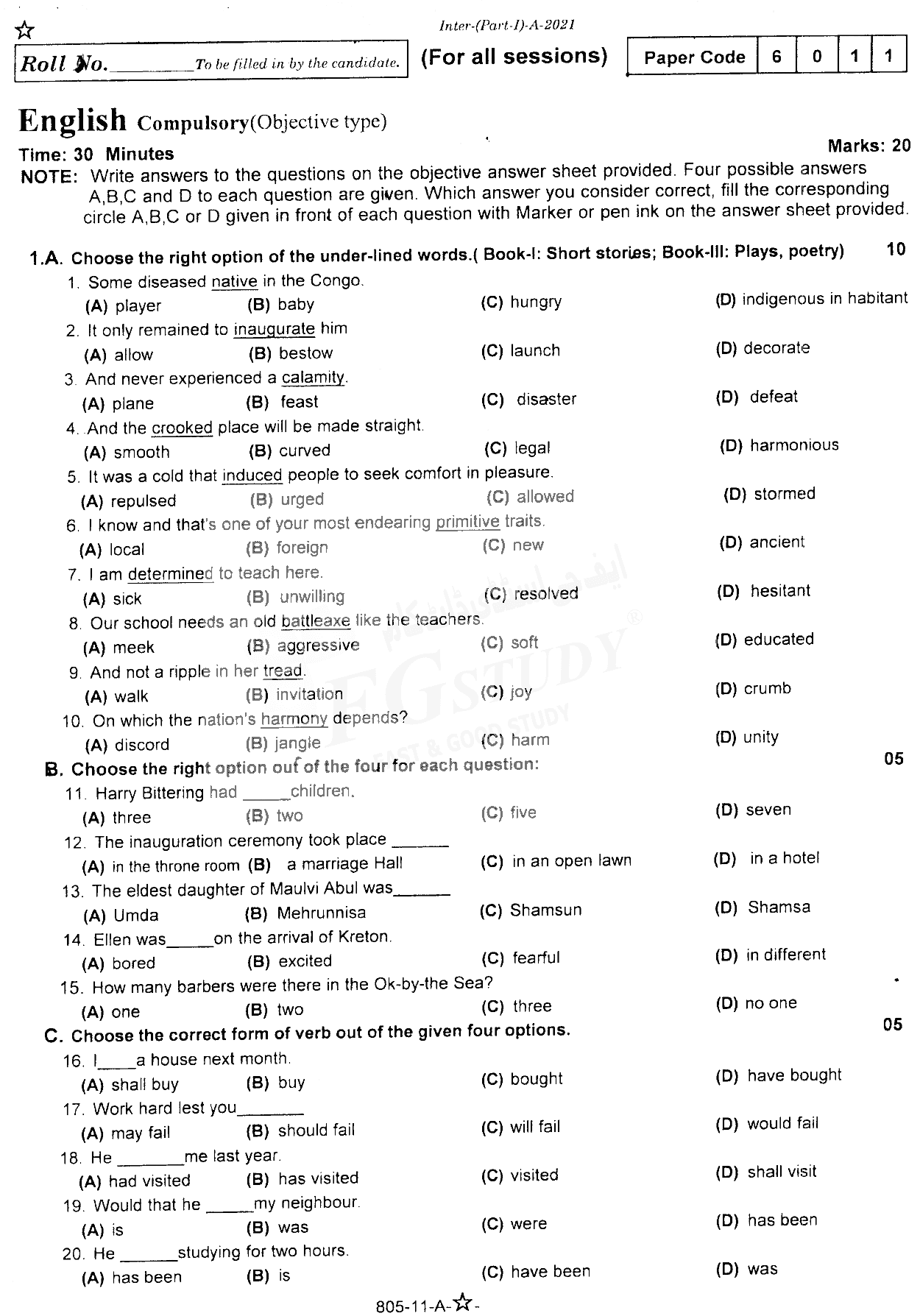 11th Class English Past Paper 2021 Rawalpindi Board Objective