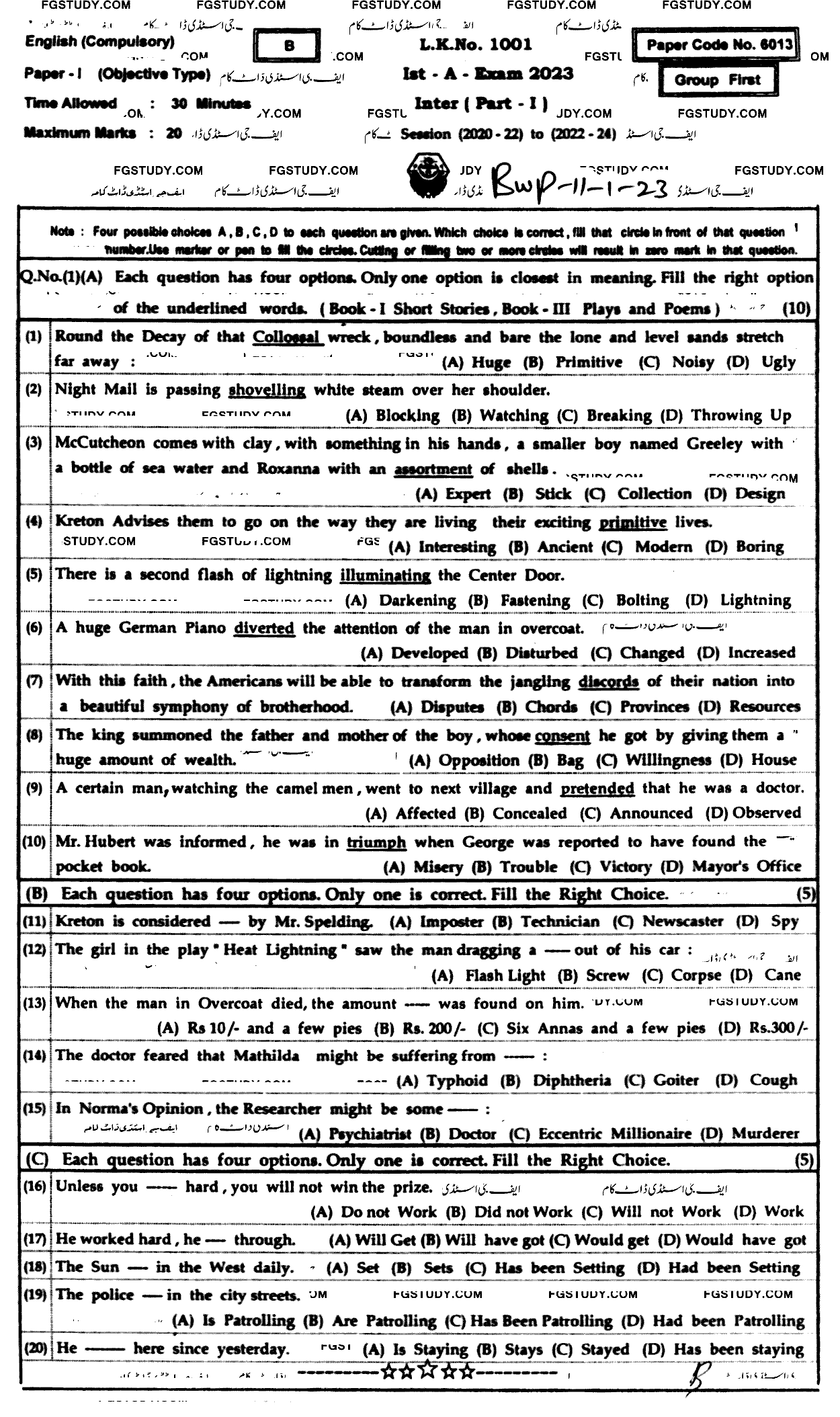 11th Class English Past Paper 2023 Bahawalpur Board Group 1 Objective