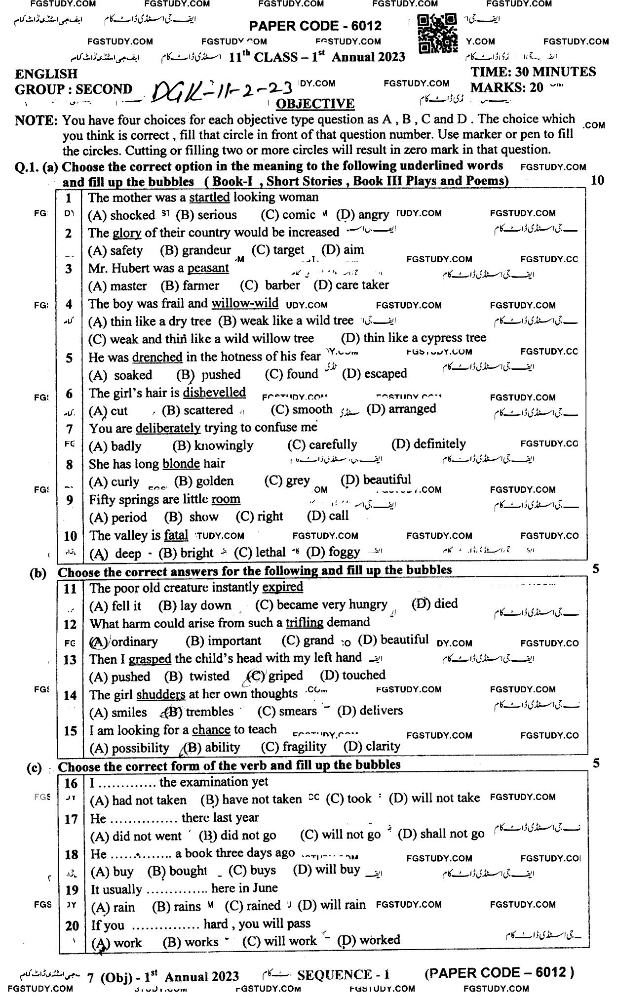 11th Class English Past Paper 2023 Dg Khan Board Group 2 Objective