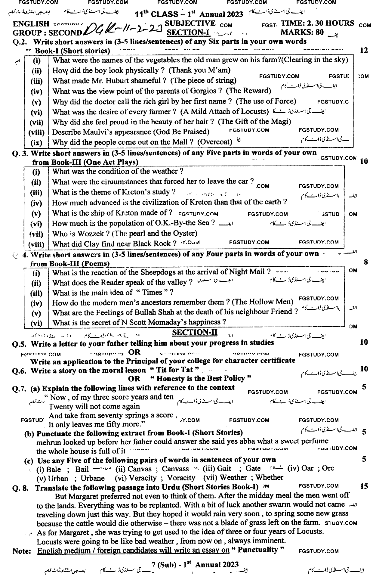 11th Class English Past Paper 2023 Dg Khan Board Group 2 Subjective