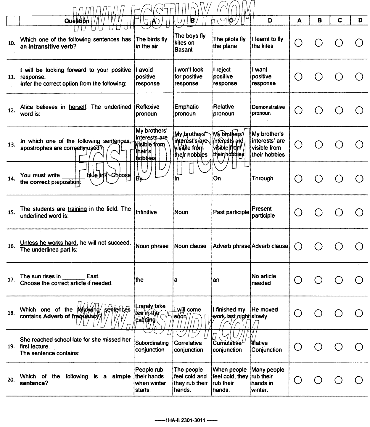 11th Class English Past Paper 2023 Federal Board Islamabad Objective