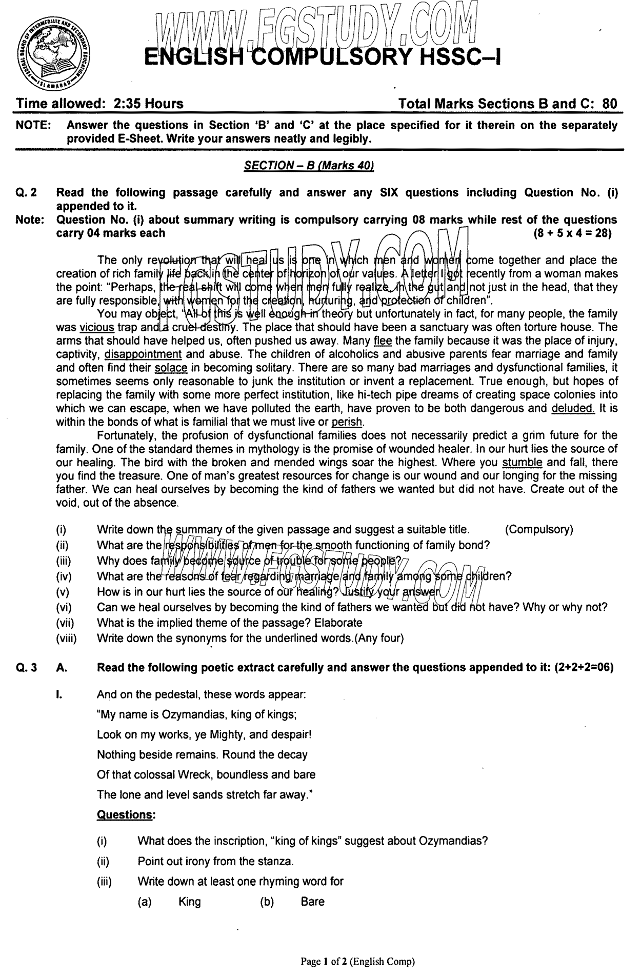 11th Class English Past Paper 2023 Federal Board Islamabad Subjective