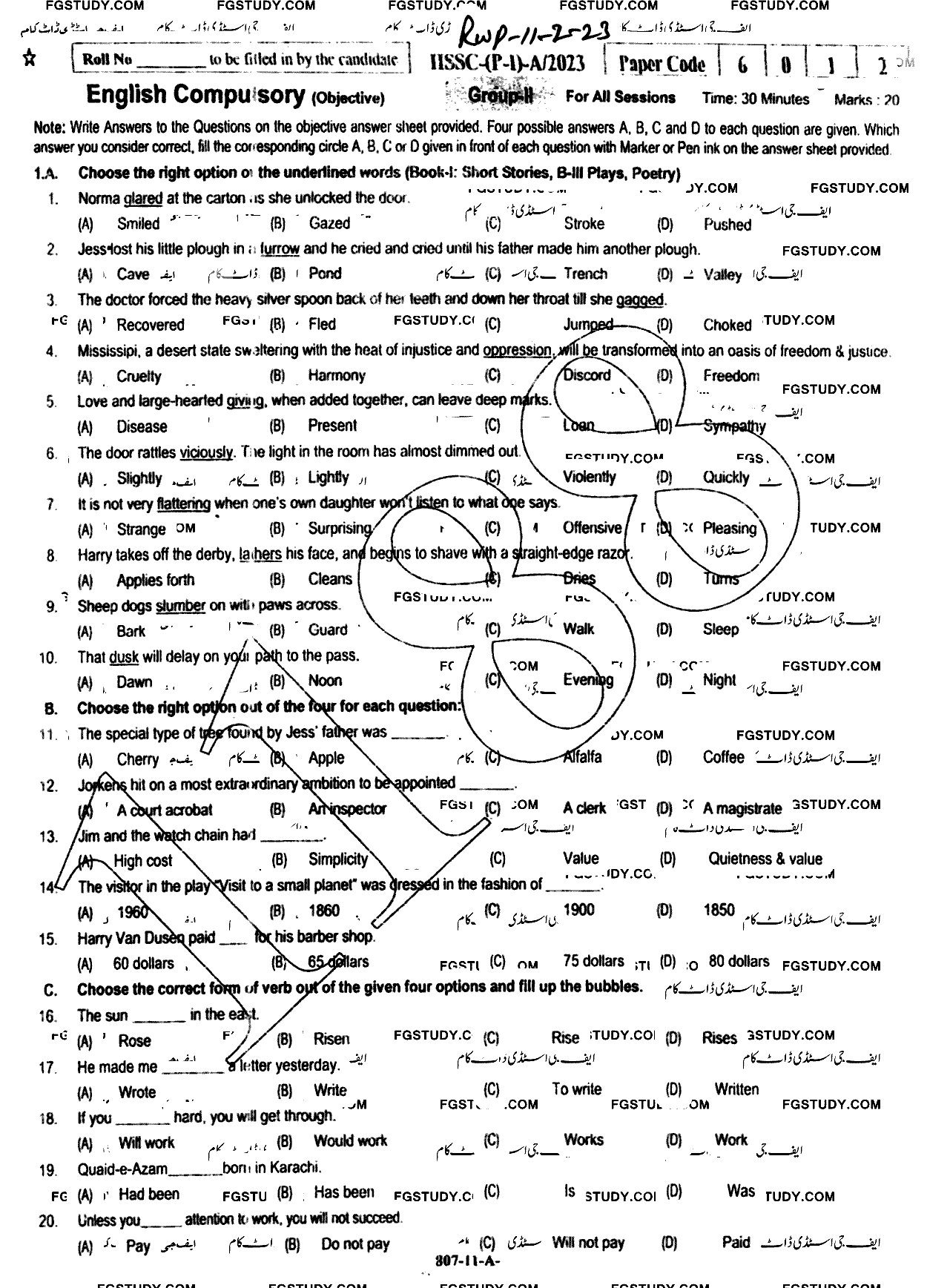 11th Class English Past Paper 2023 Rawalpindi Board Group 2 Objective