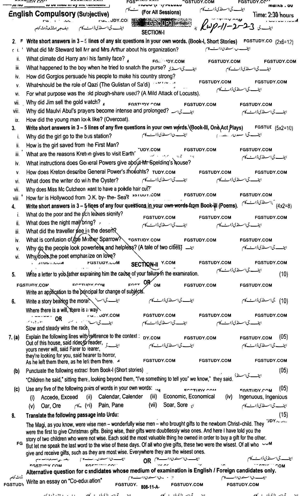 11th Class English Past Paper 2023 Rawalpindi Board Group 2 Subjective
