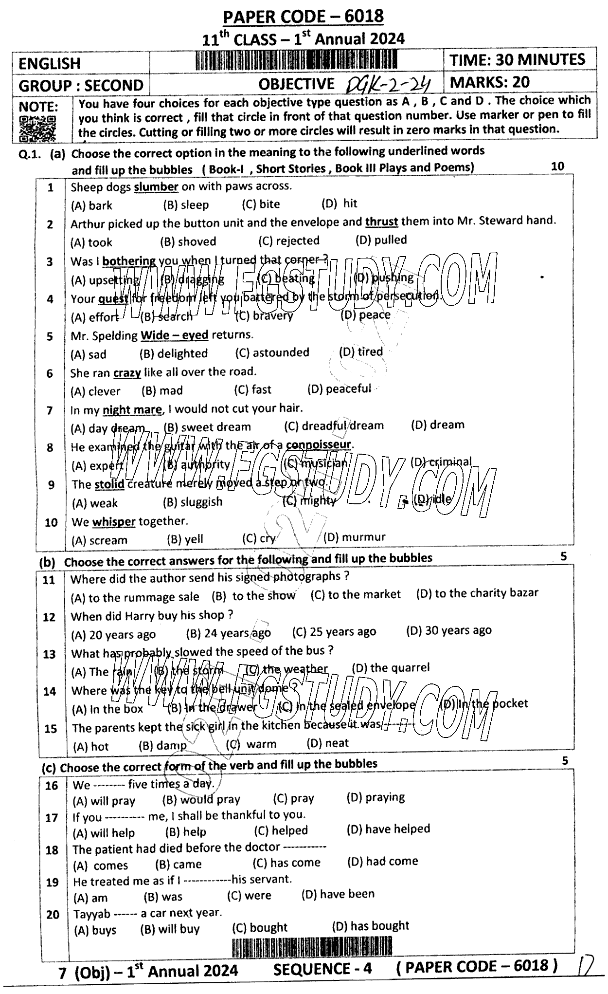 11th Class English Past Paper 2024 Dg Khan Board Group 2 Objective