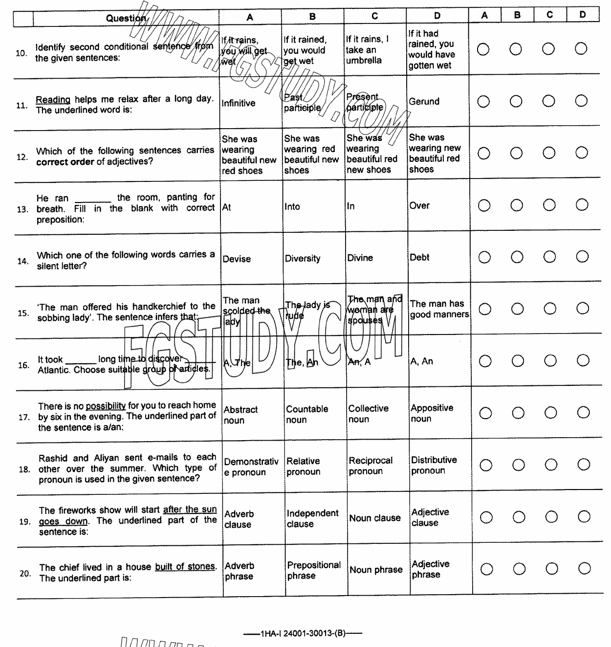 11th Class English Past Paper 2024 Federal Board Islamabad Group 1 Objective