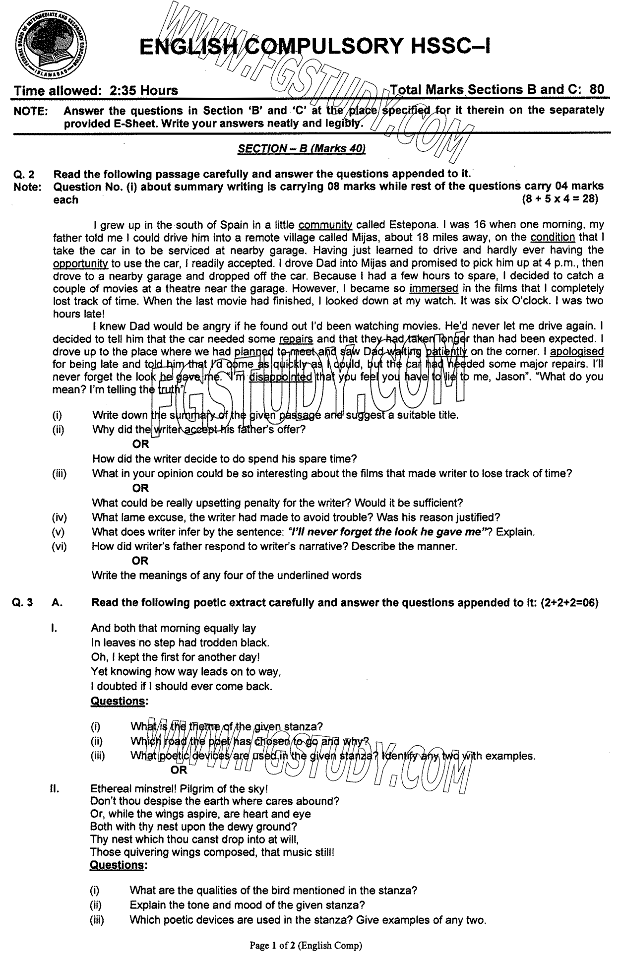 11th Class English Past Paper 2024 Federal Board Islamabad Group 1 Subjective