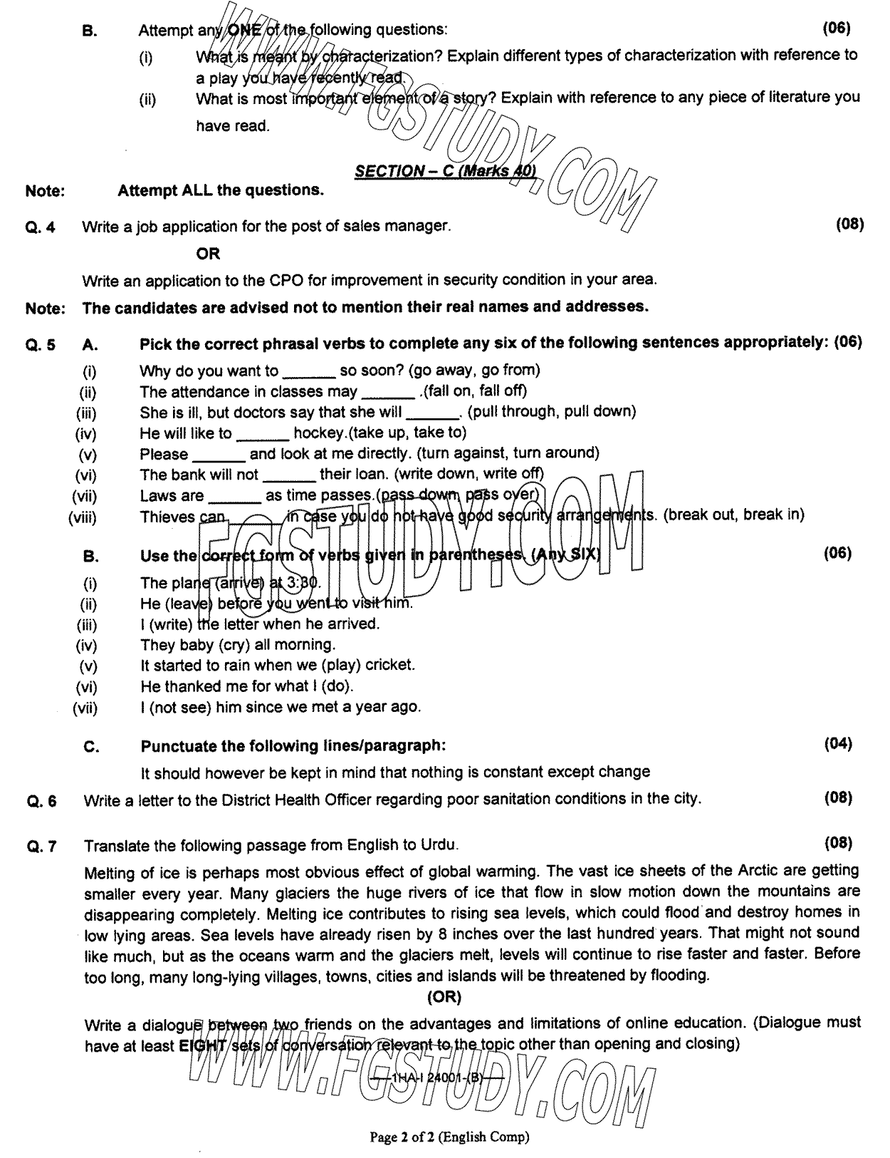 11th Class English Past Paper 2024 Federal Board Islamabad Group 1 Subjective