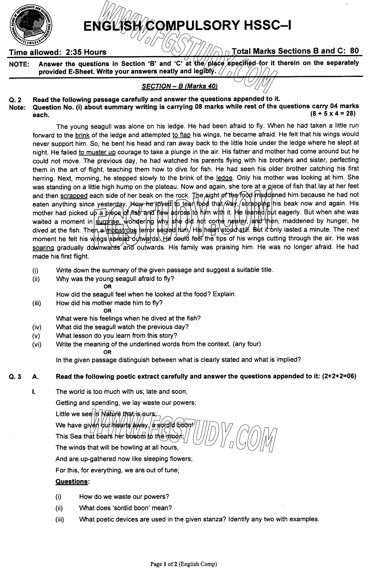 11th Class English Past Paper 2024 Federal Board Islamabad Group 2 Subjective