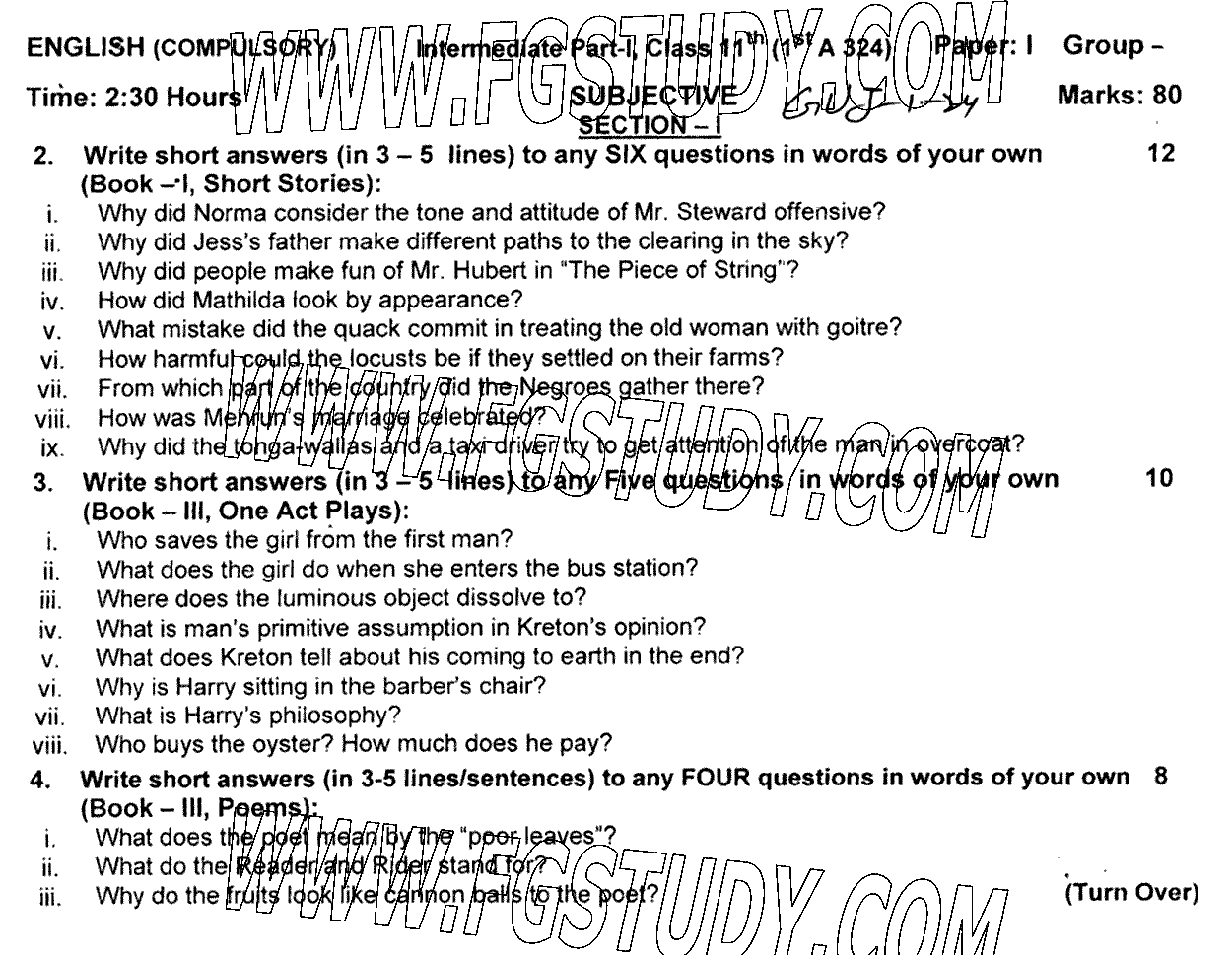 11th Class English Past Paper 2024 Gujranwala Board Group 1 Subjective