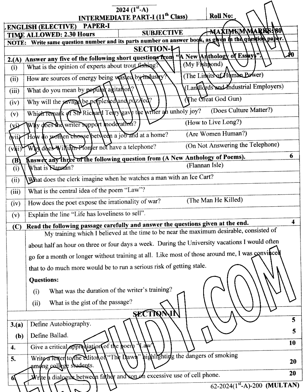 11th Class English Past Paper 2024 Multan Board Subjective