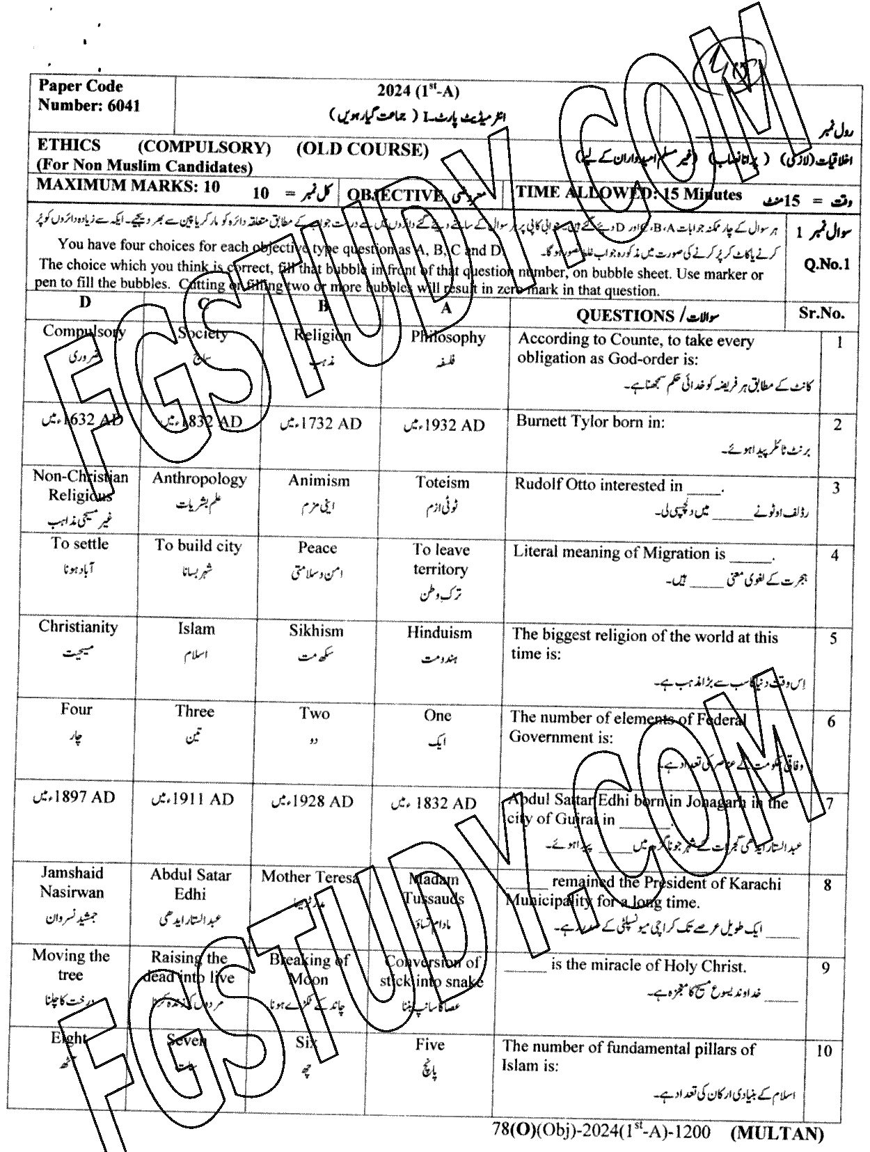 11th Class Ethics Ikhlaqiat Past Paper 2024 Multan Board Objective