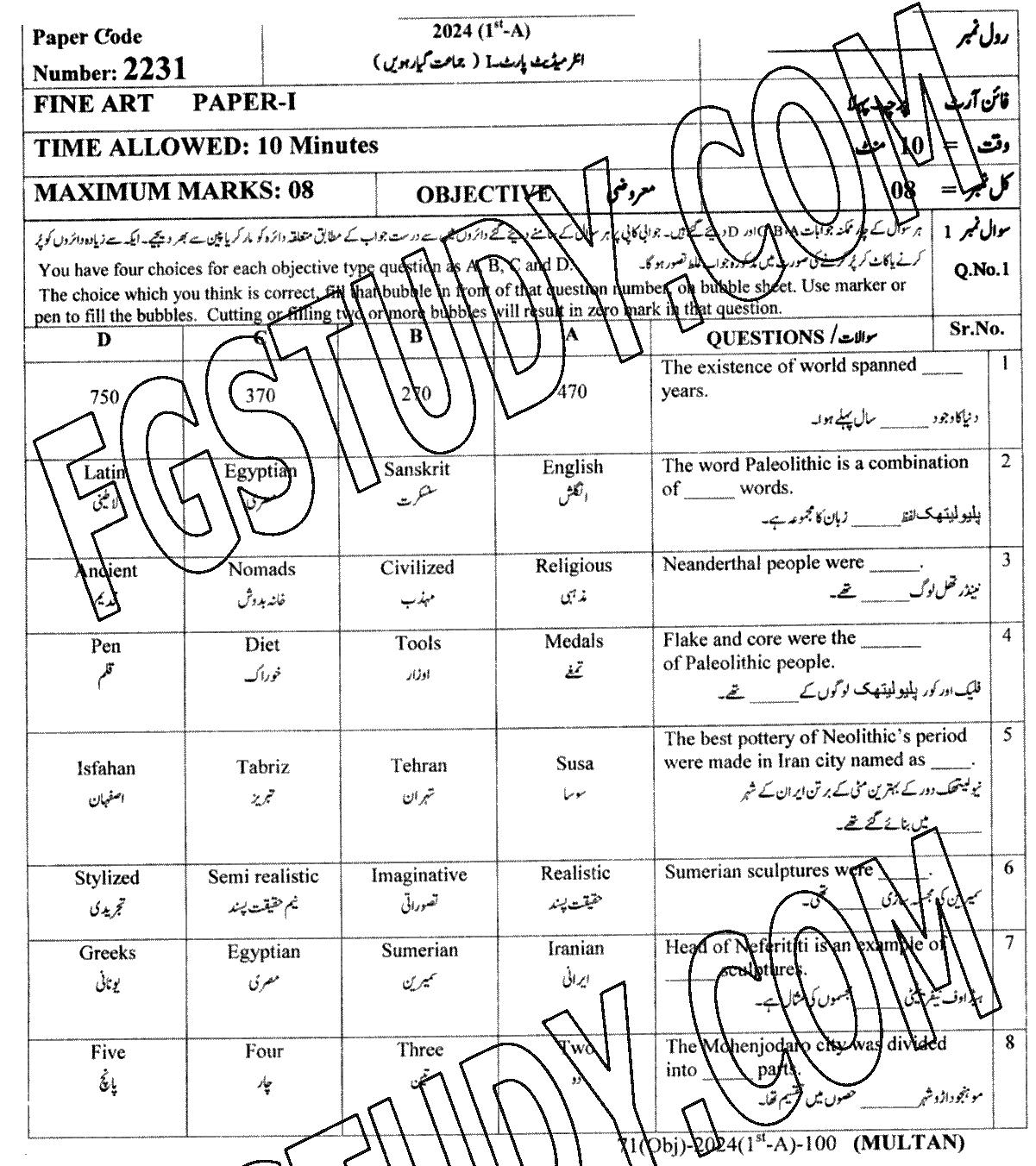 11th Class Fine Arts Past Paper 2024 Multan Board Objective