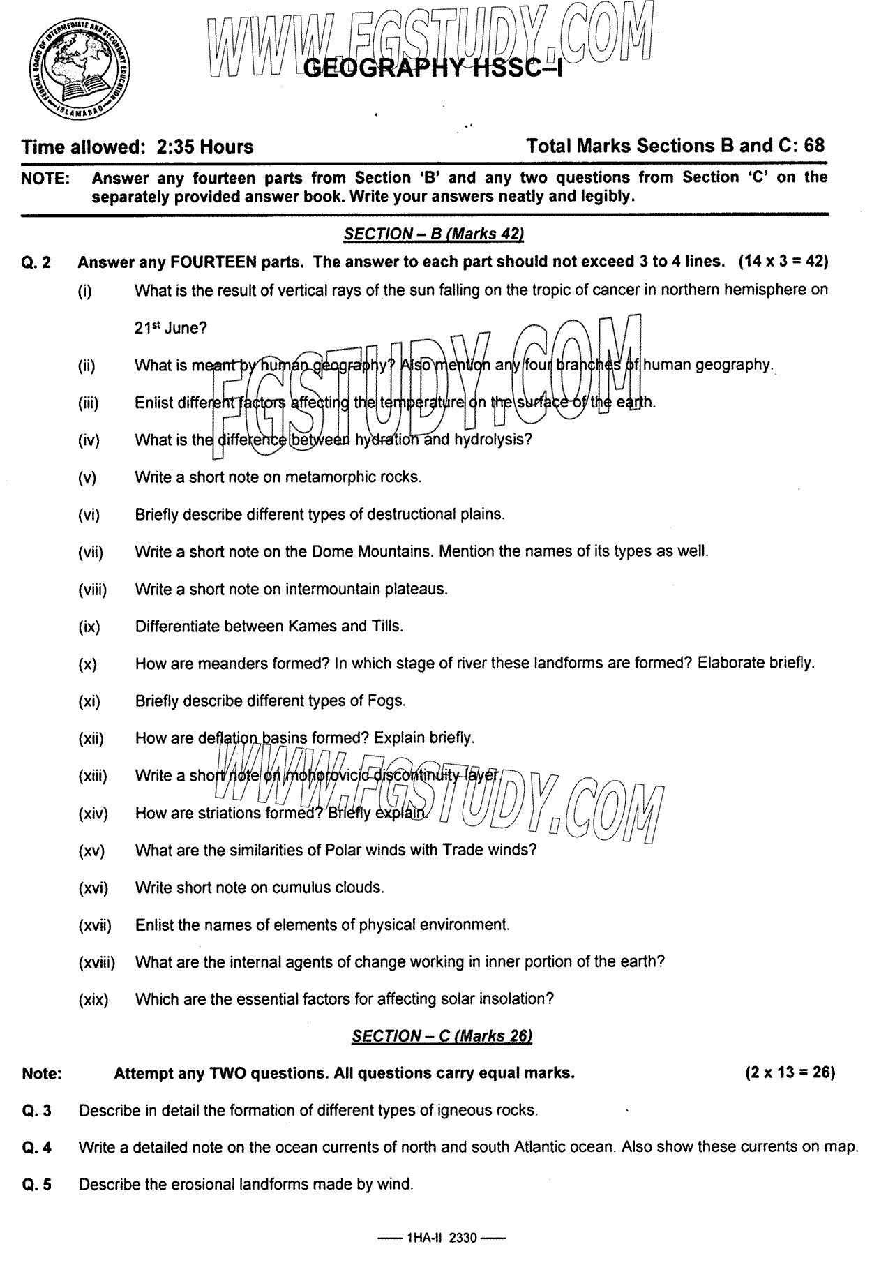 11th Class Geography Past Paper 2023 Federal Board Islamabad Subjective