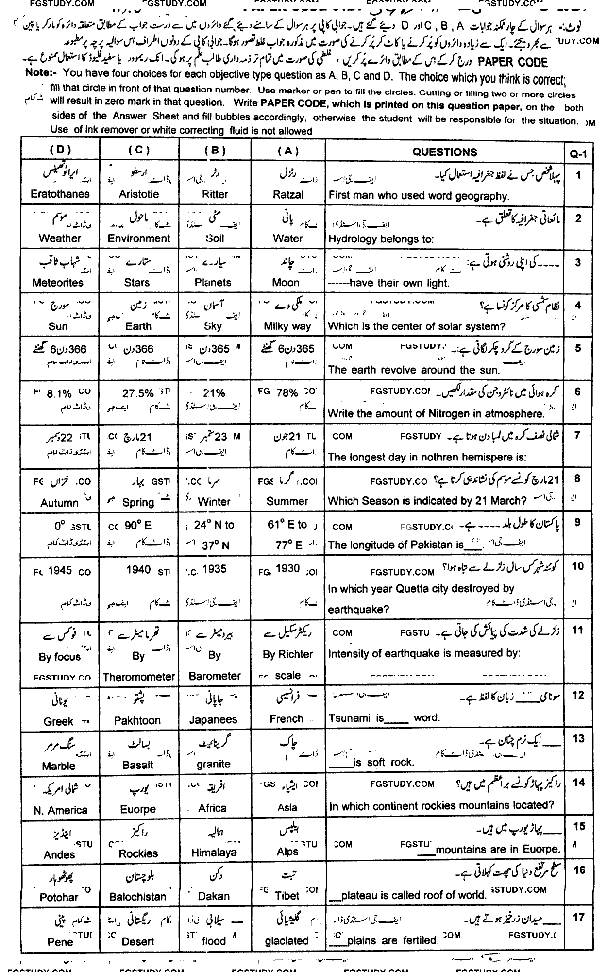 11th Class Geography Past Paper 2023 Sargodha Board Objective