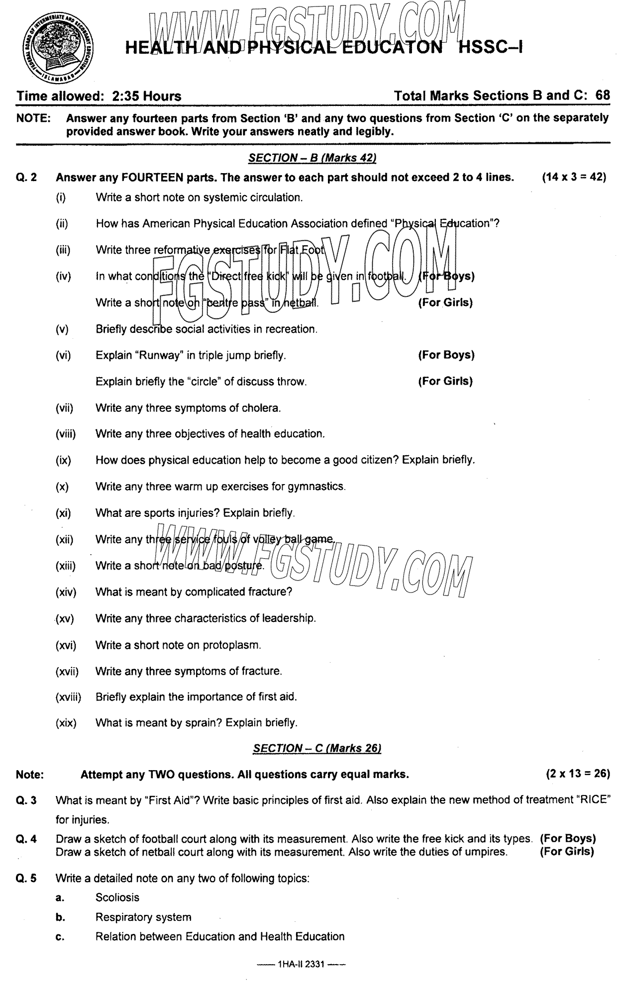 11th Class Health And Physical Education Past Paper 2023 Federal Board Islamabad Subjective