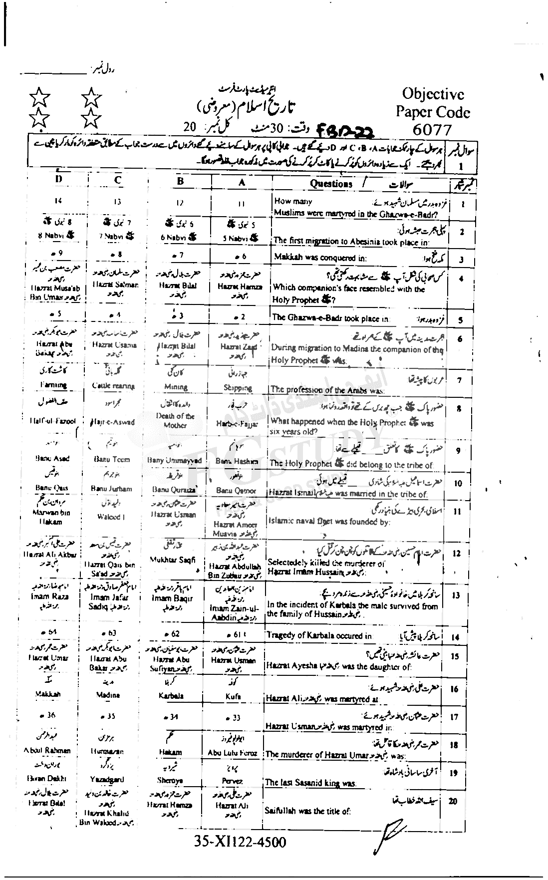 11th Class History Of Islam Past Paper 2022 Faisalabad Board Objective