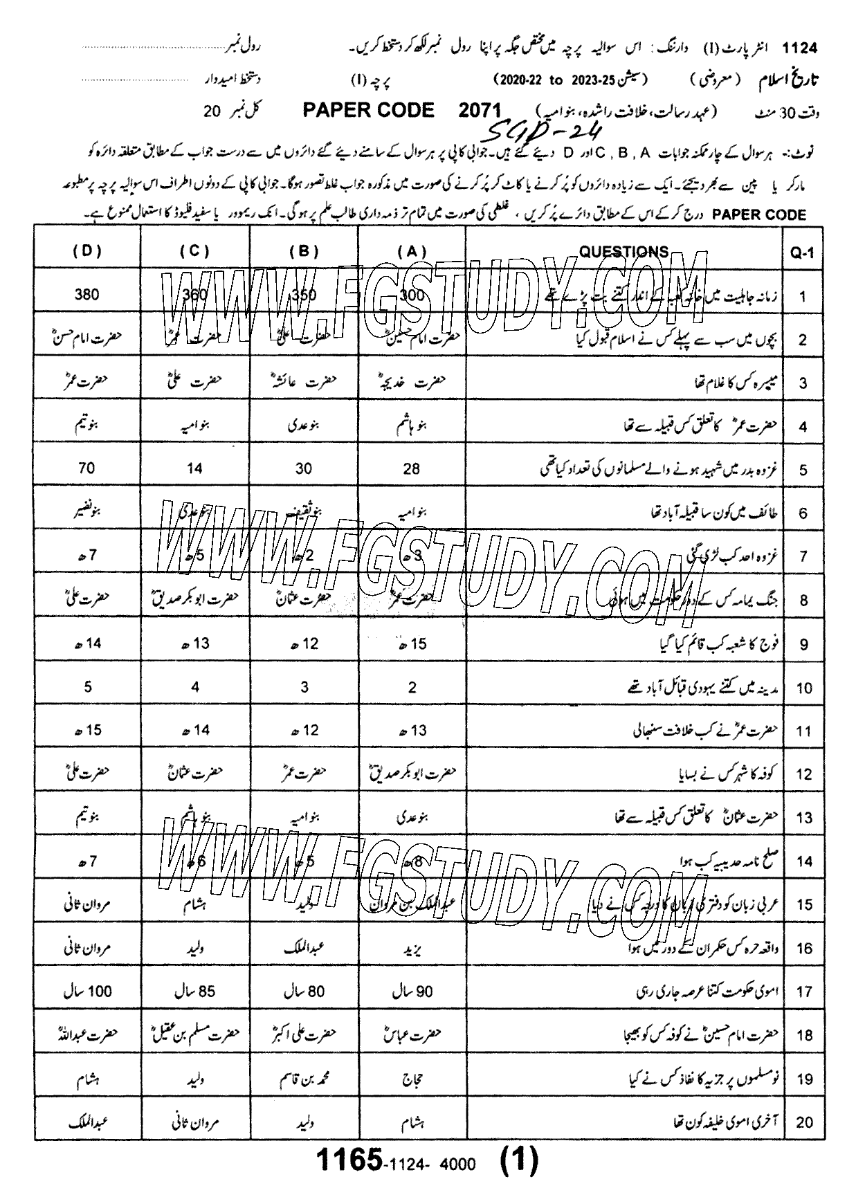 11th Class History Of Islam Past Paper 2024 Sargodha Board Objective