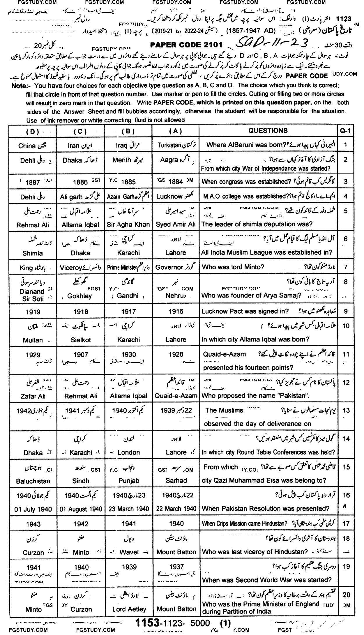 11th Class History Of Pakistan Past Paper 2023 Sargodha Board Objective