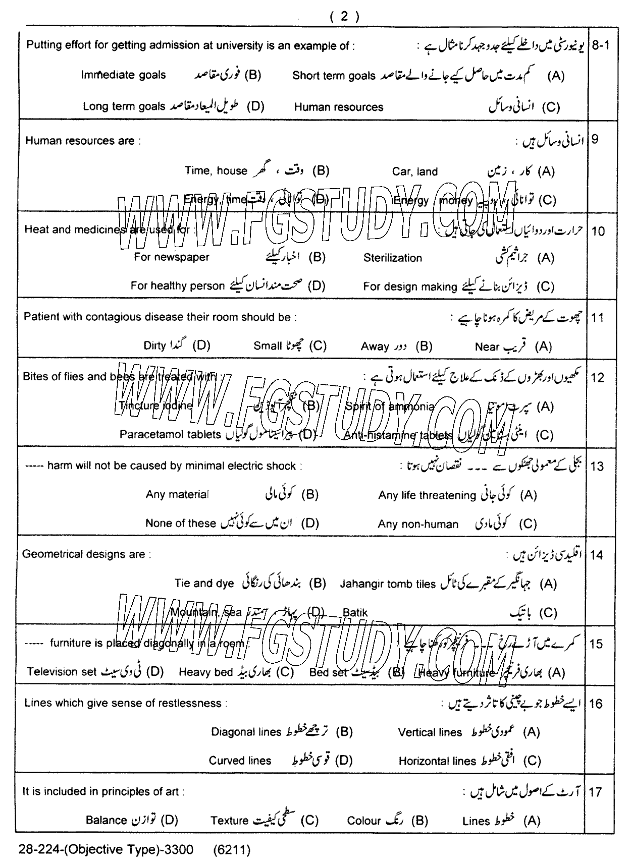 11th Class Home Economics Past Paper 2024 Lahore Board Objective