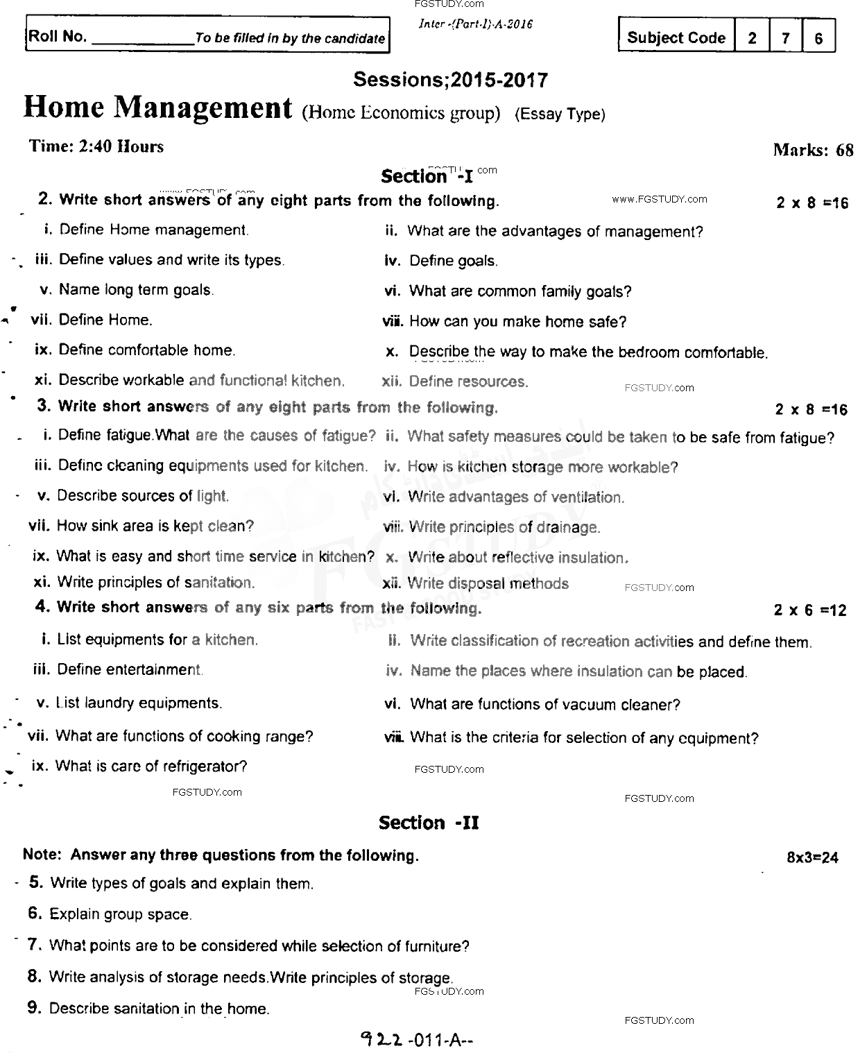 11th Class Home Management Past Paper 2016 Rawalpindi Board Subjective