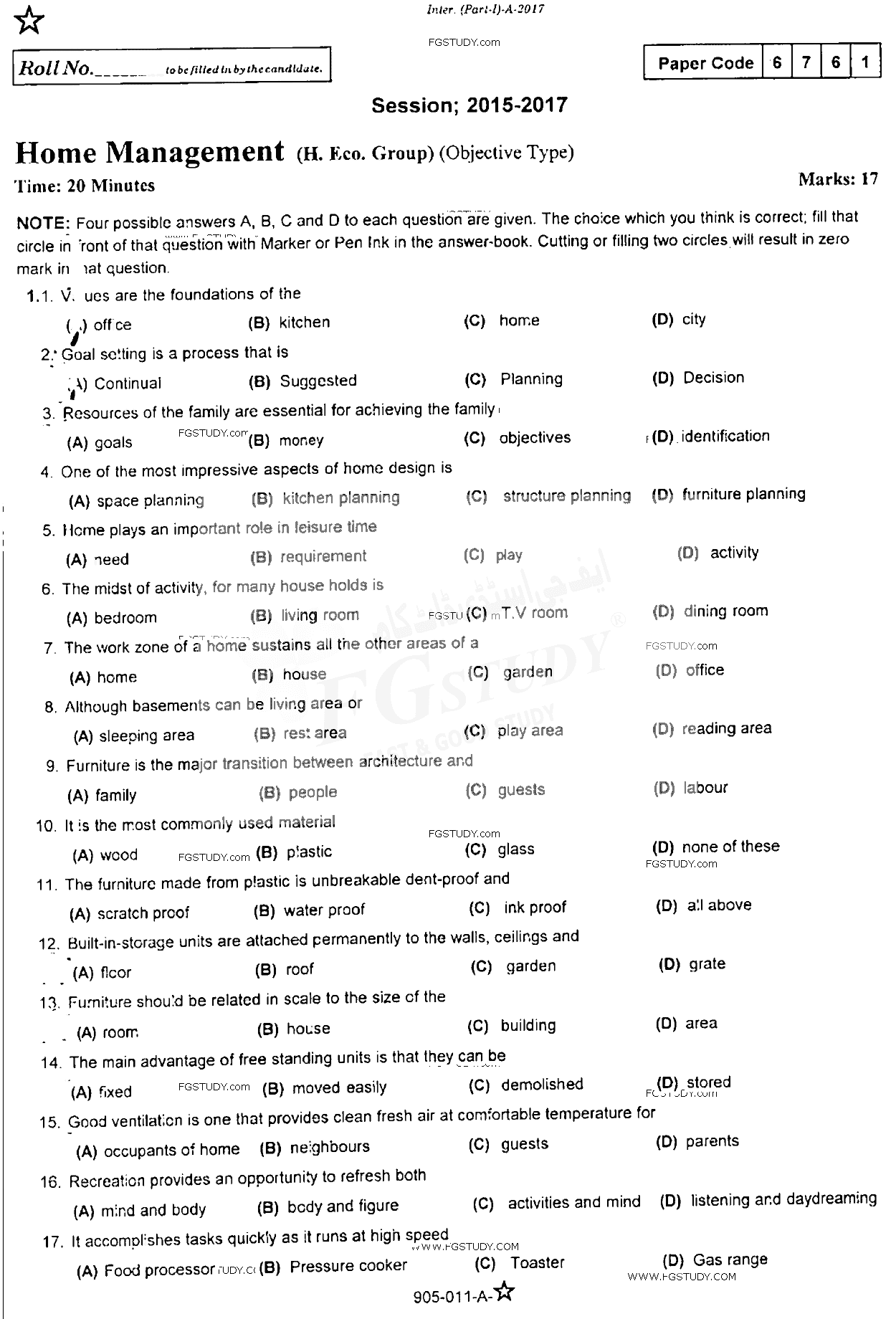 11th Class Home Management Past Paper 2017 Rawalpindi Board Objective