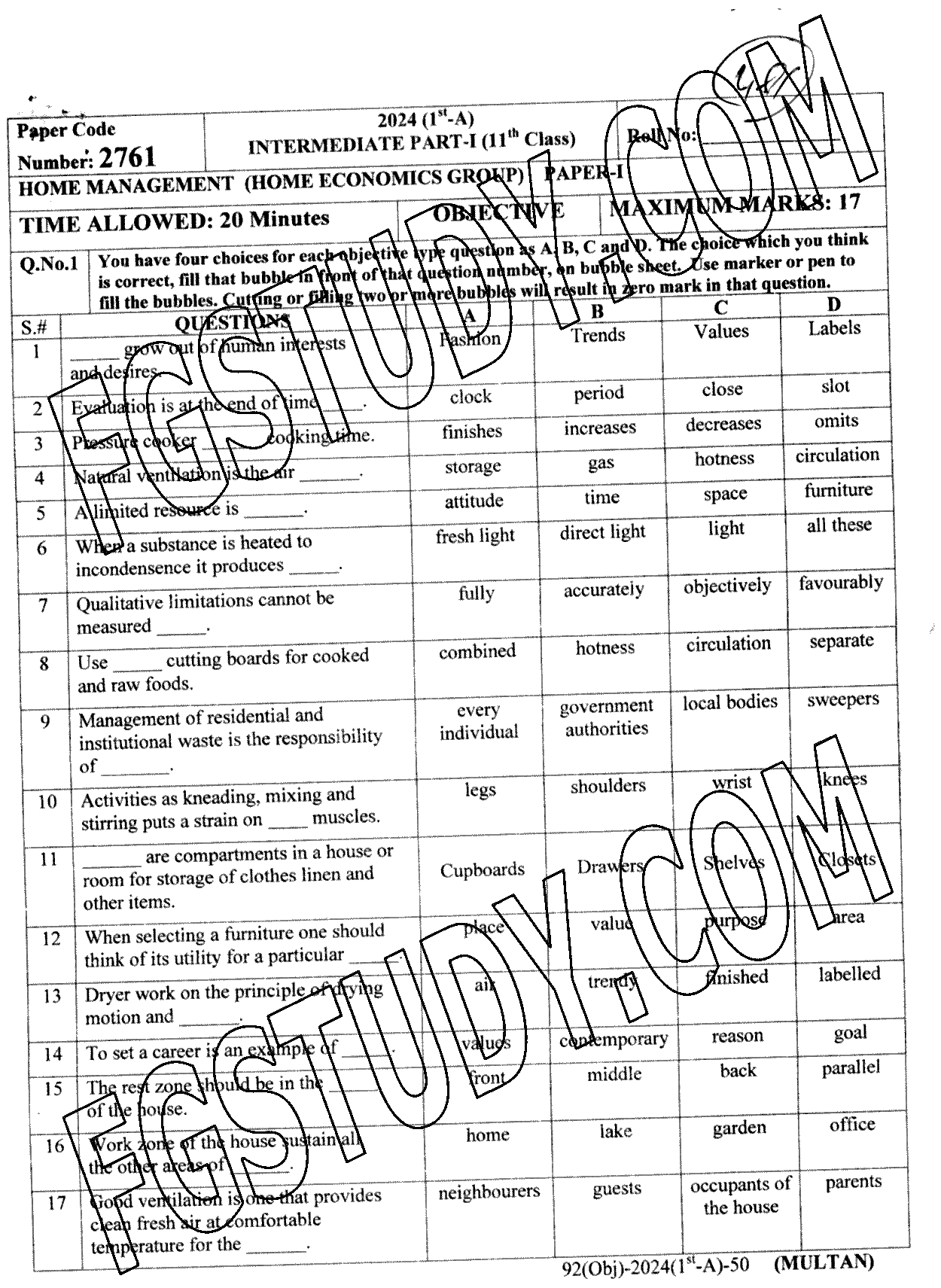 11th Class Home Management Past Paper 2024 Multan Board Objective