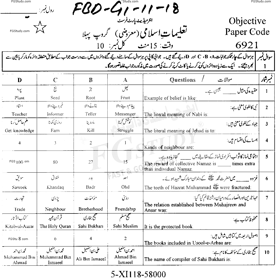 11th Class Islamic Education Past Paper 2018 Bahawalpur Board Group 1 Objective