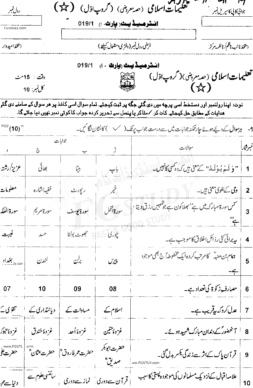 11th Class Islamic Education Past Paper 2019 Ajk Board Group 1 Objective