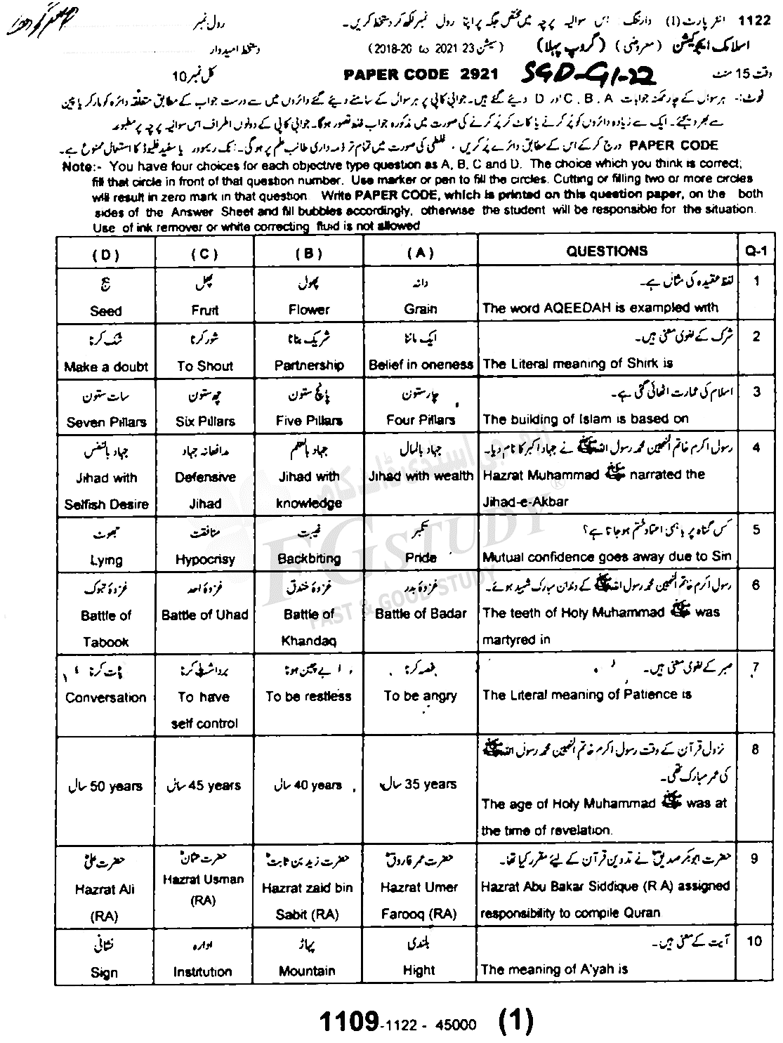 11th Class Islamic Education Past Paper 2022 Sargodha Board Group 1 Objective