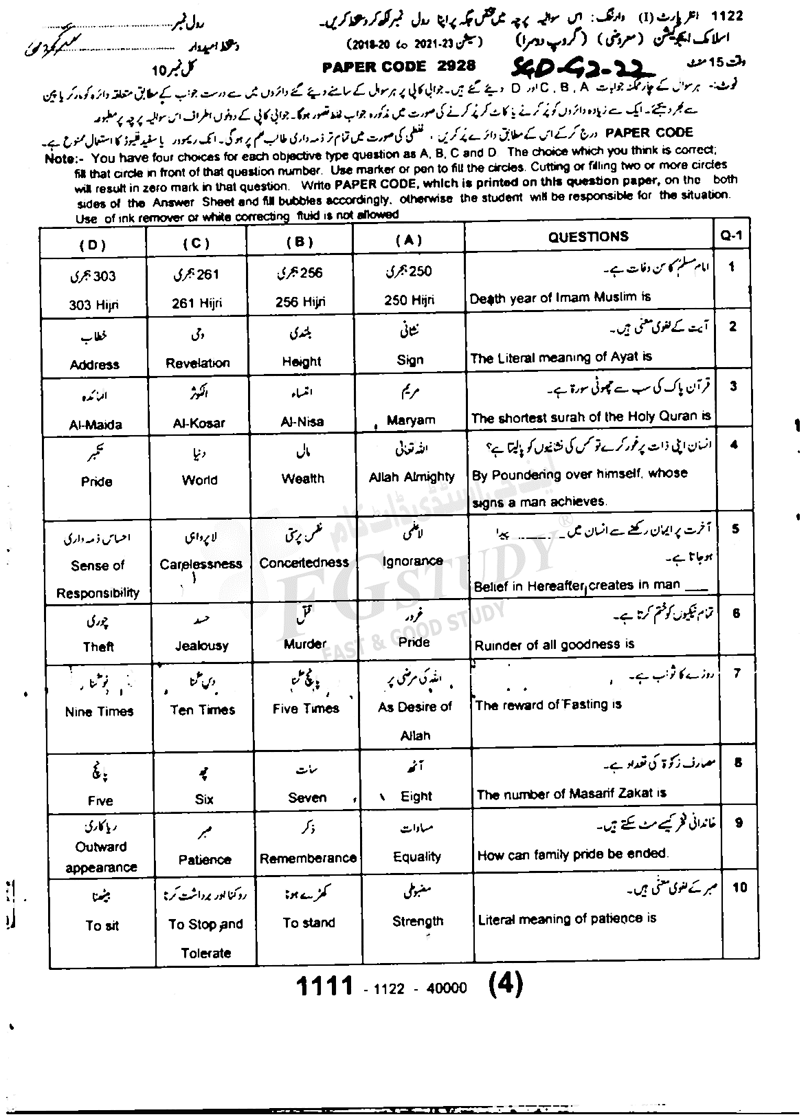 11th Class Islamic Education Past Paper 2022 Sargodha Board Group 2 Objective