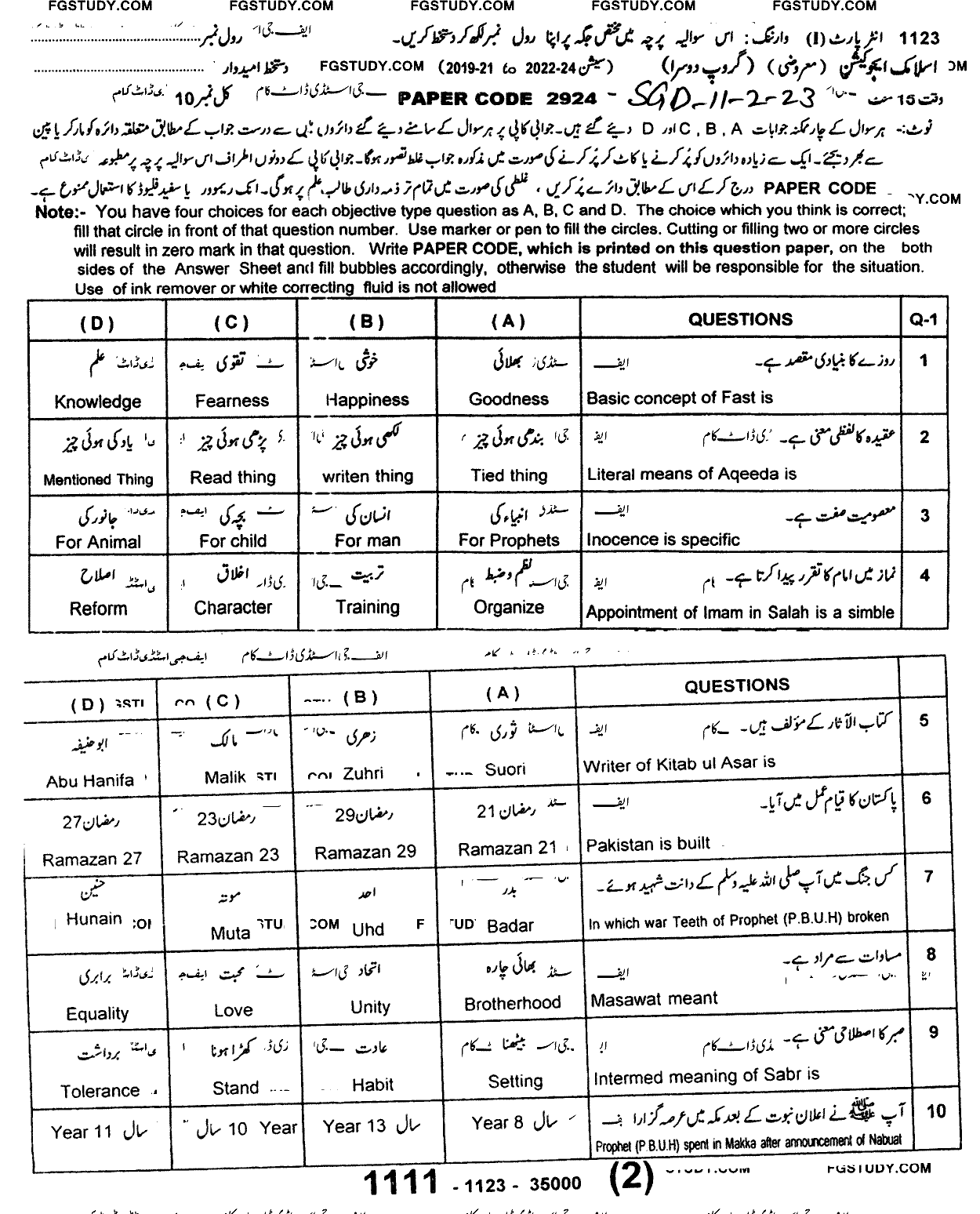11th Class Islamic Education Past Paper 2023 Sargodha Board Group 2 Objective