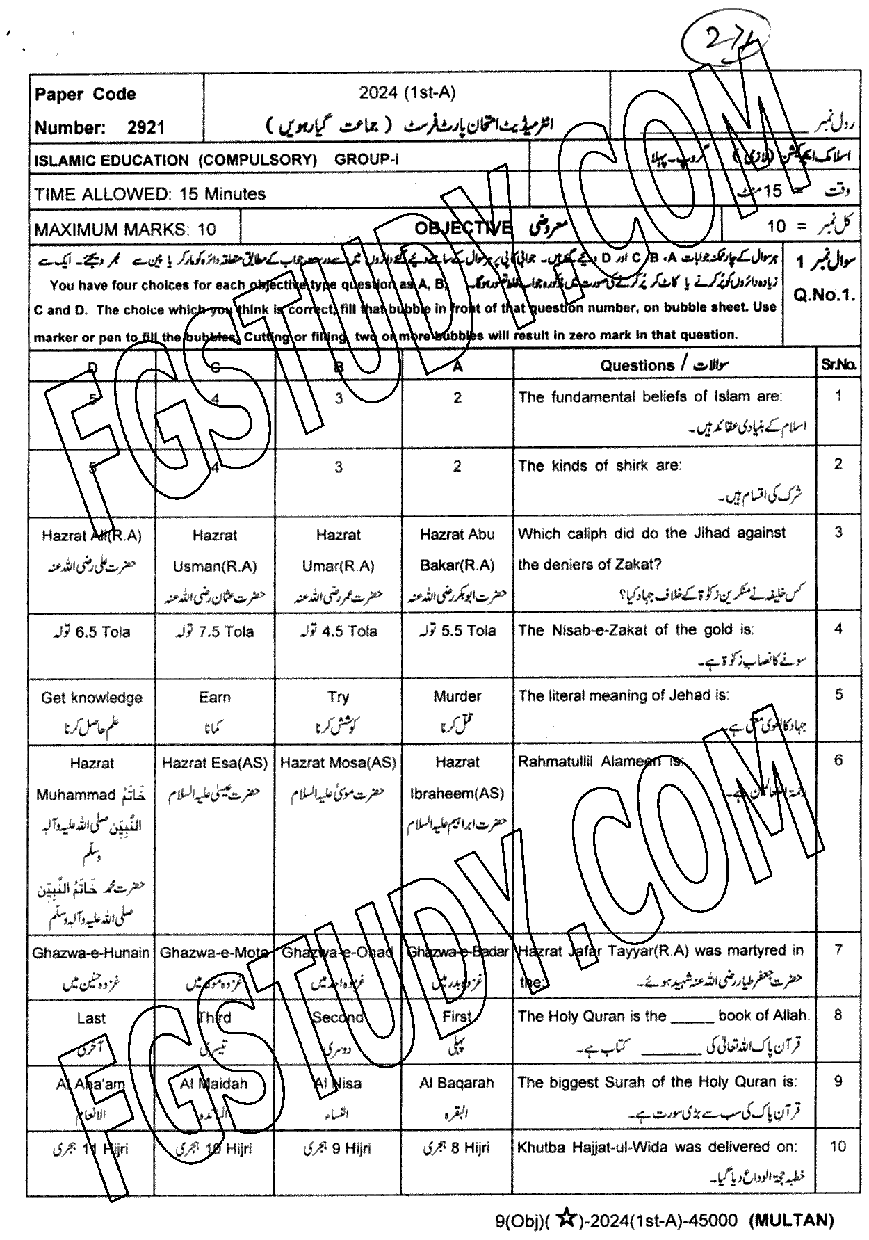 11th Class Islamic Education Past Paper 2024 Multan Board Group 1 Objective