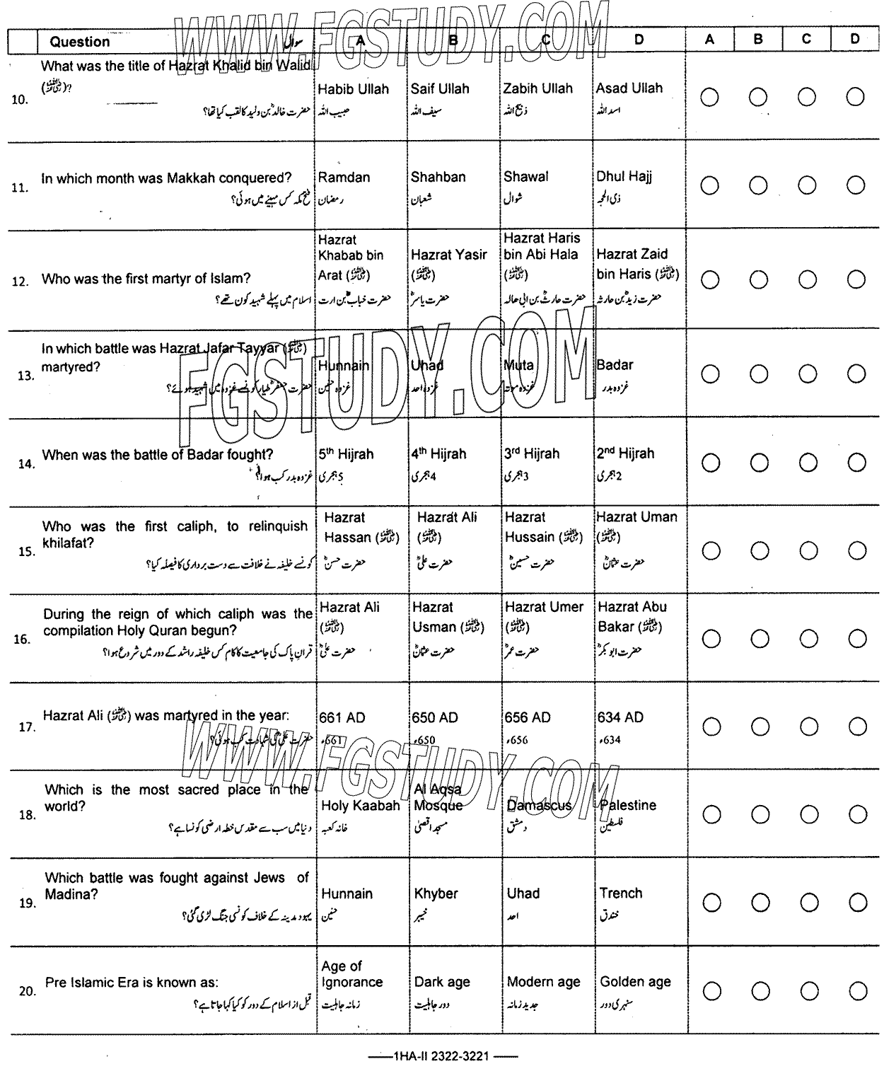11th Class Islamic History Past Paper 2023 Federal Board Islamabad Objective