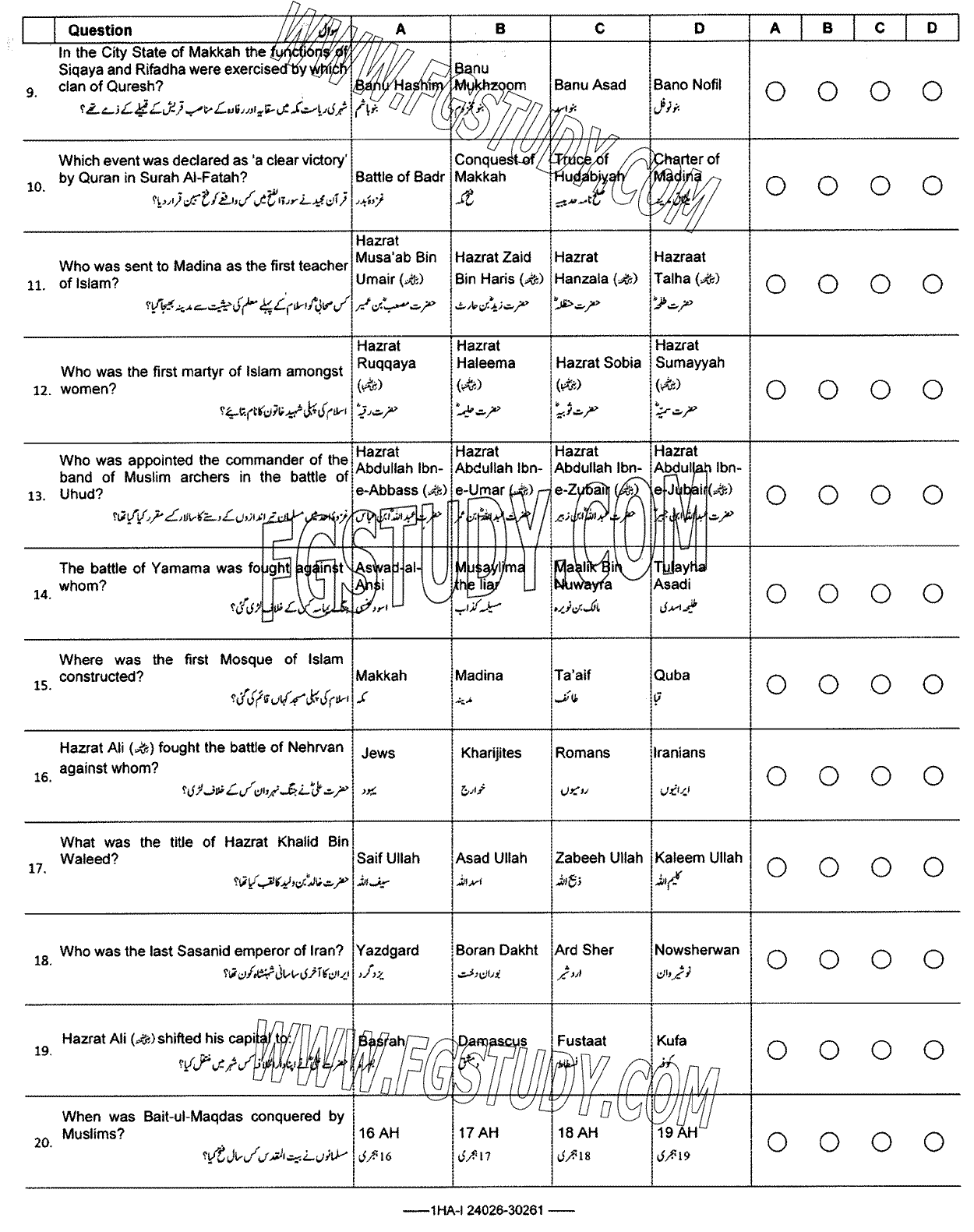 11th Class Islamic History Past Paper 2024 Federal Board Islamabad Objective