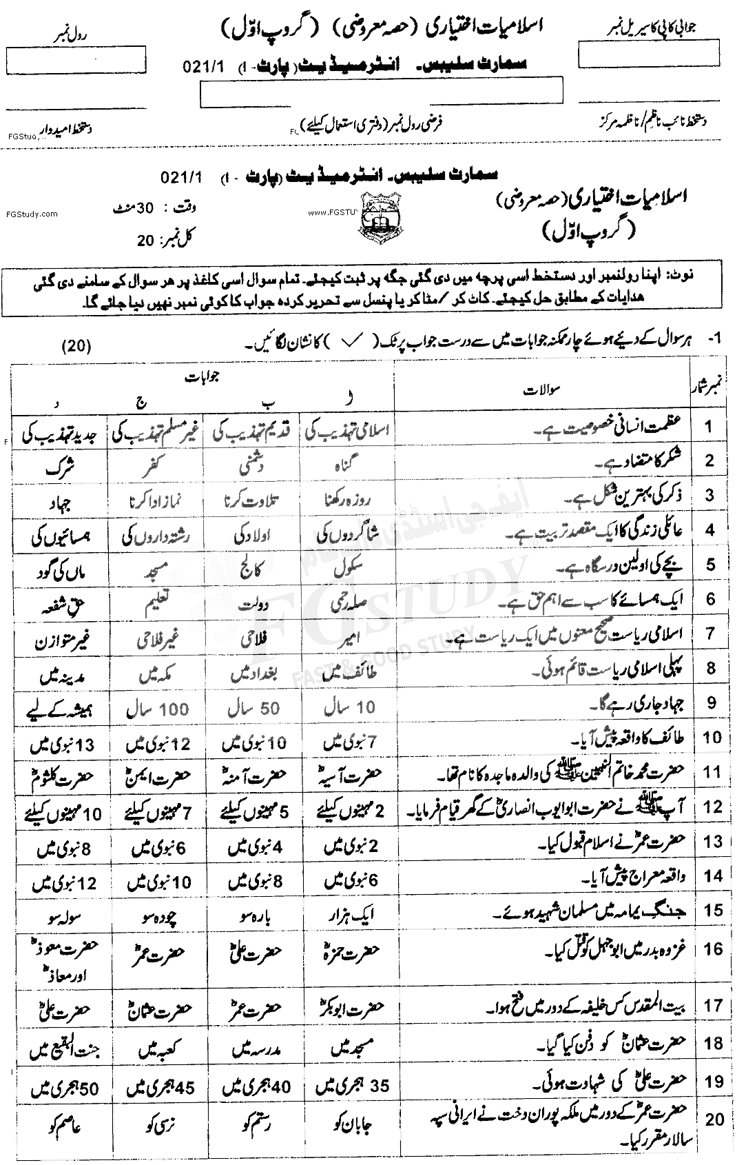 11th Class Islamic Studies Elective Past Paper 2021 Ajk Board Group 1 Objective