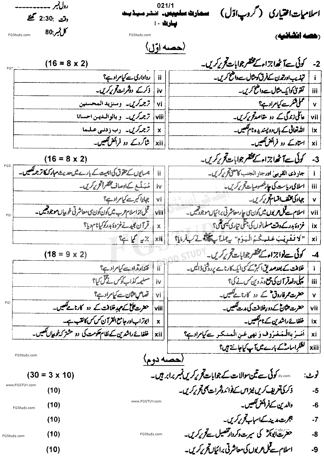 11th Class Islamic Studies Elective Past Paper 2021 Ajk Board Group 1 Subjective