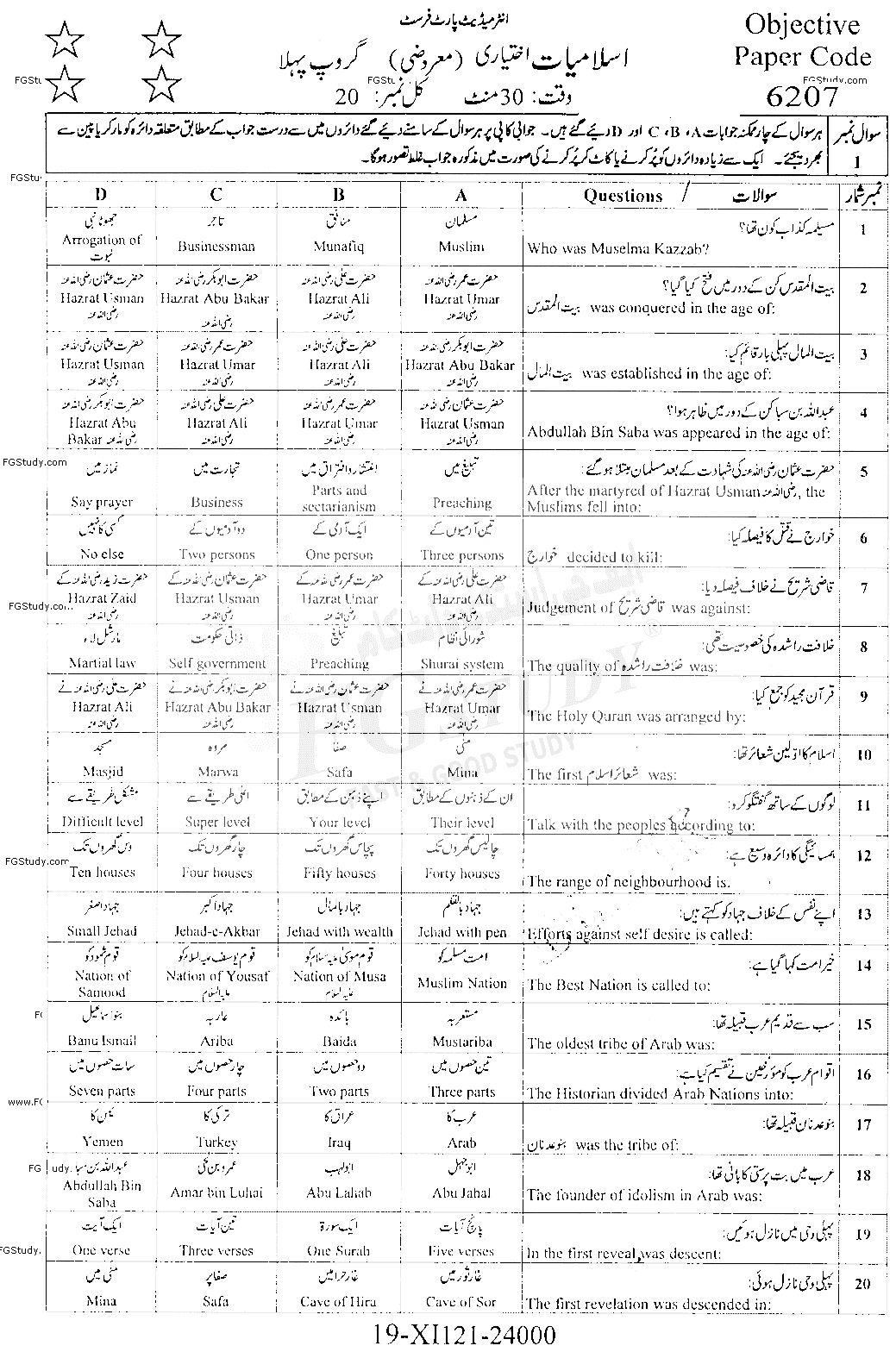 11th Class Islamic Studies Elective Past Paper 2021 Faisalabad Board Group 1 Objective