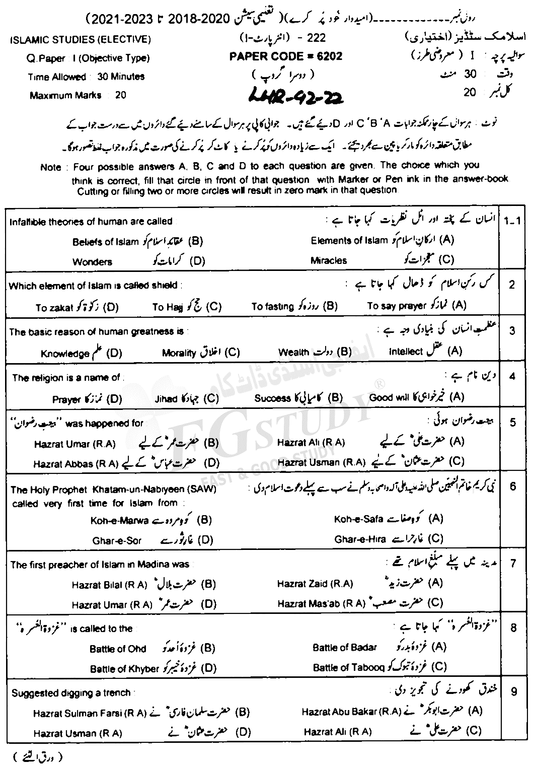 11th Class Islamic Studies Elective Past Paper 2022 Lahore Board Group 2 Objective