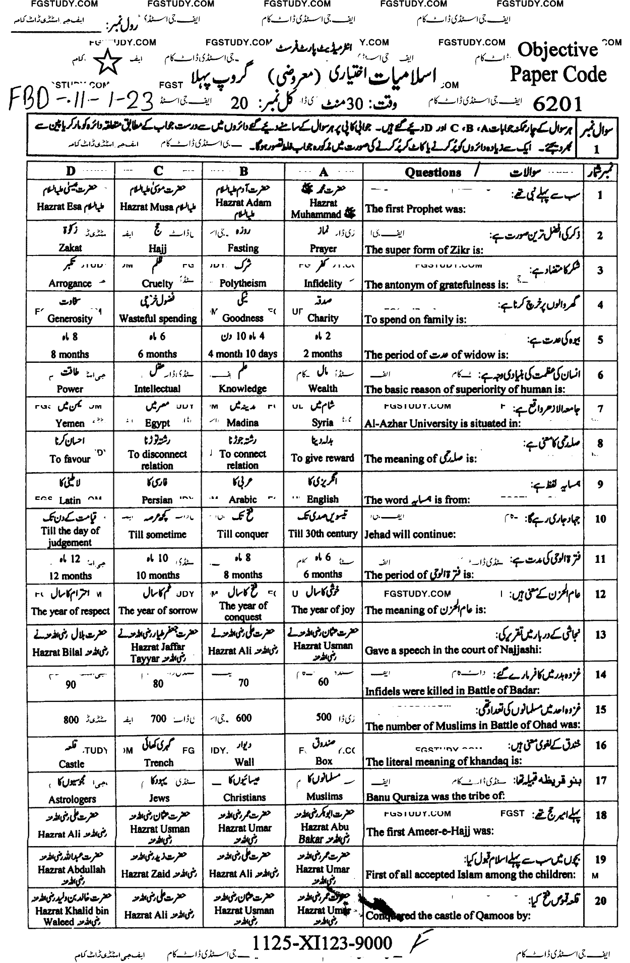 11th Class Islamic Studies Elective Past Paper 2023 Faisalabad Board Group 1 Objective