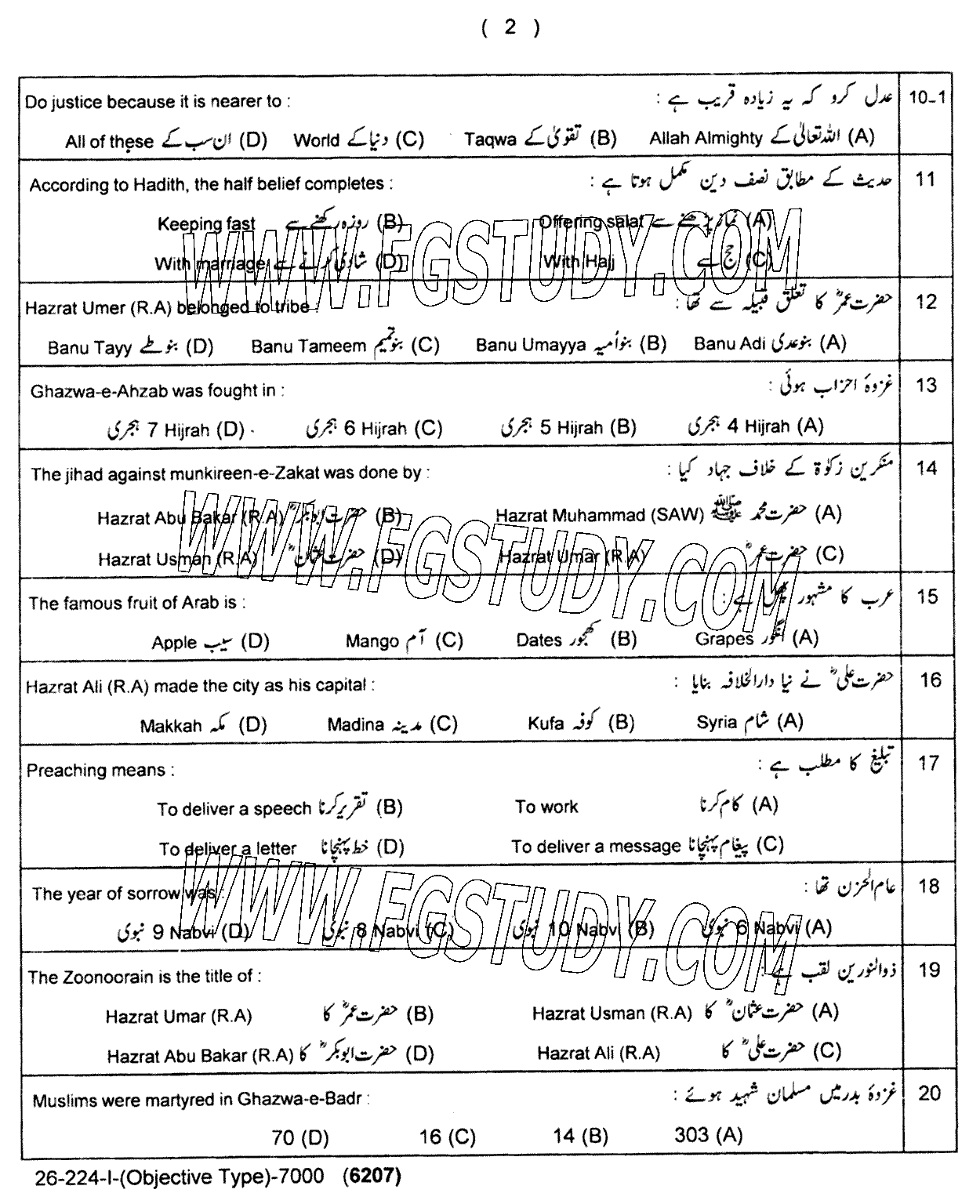 11th Class Islamic Studies Elective Past Paper 2024 Lahore Board Group 1 Objective