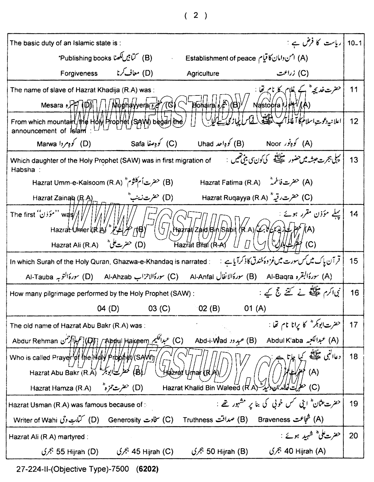 11th Class Islamic Studies Elective Past Paper 2024 Lahore Board Group 2 Objective
