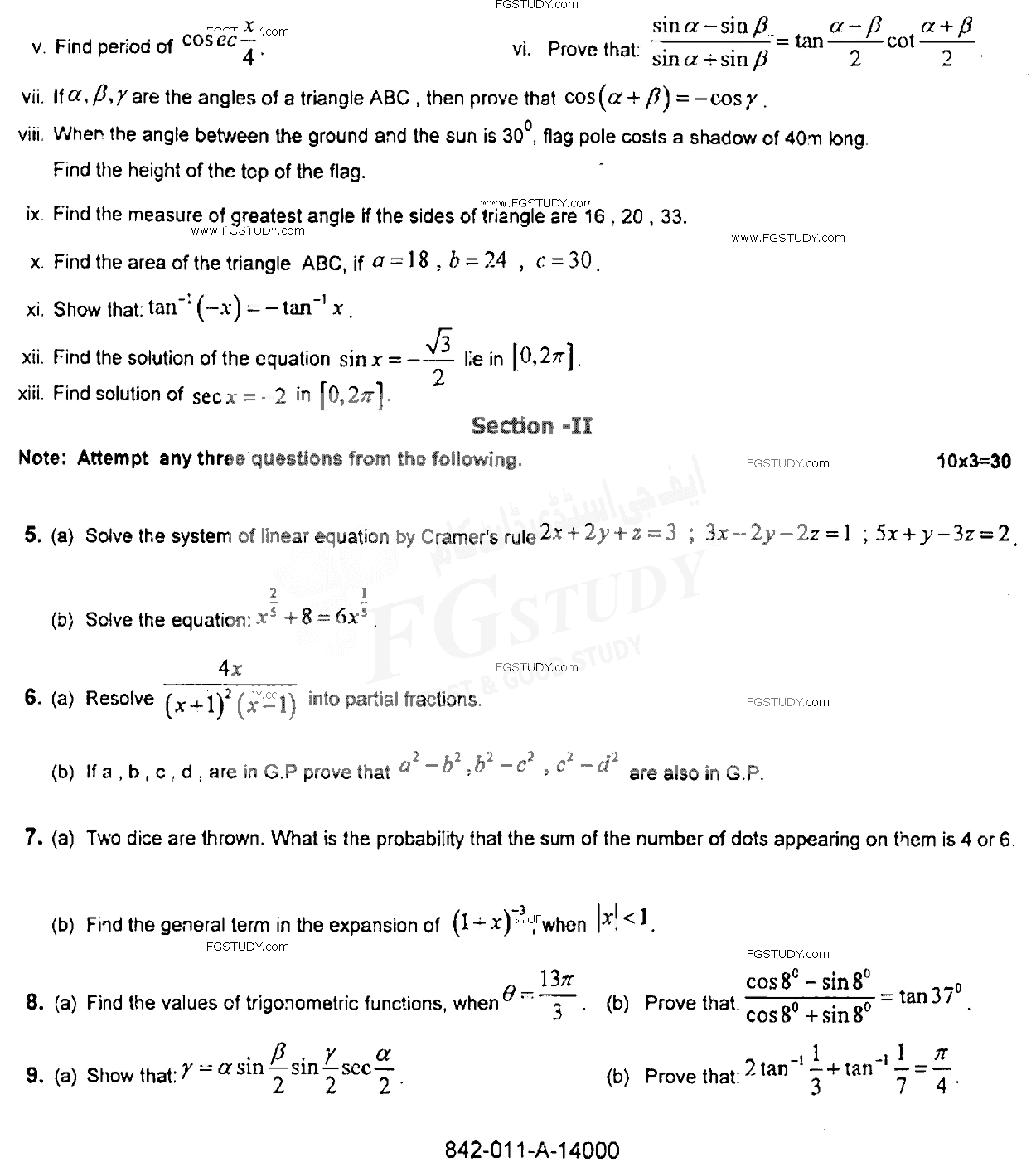 11th Class Mathematics Past Paper 2015 Rawalpindi Board Subjective