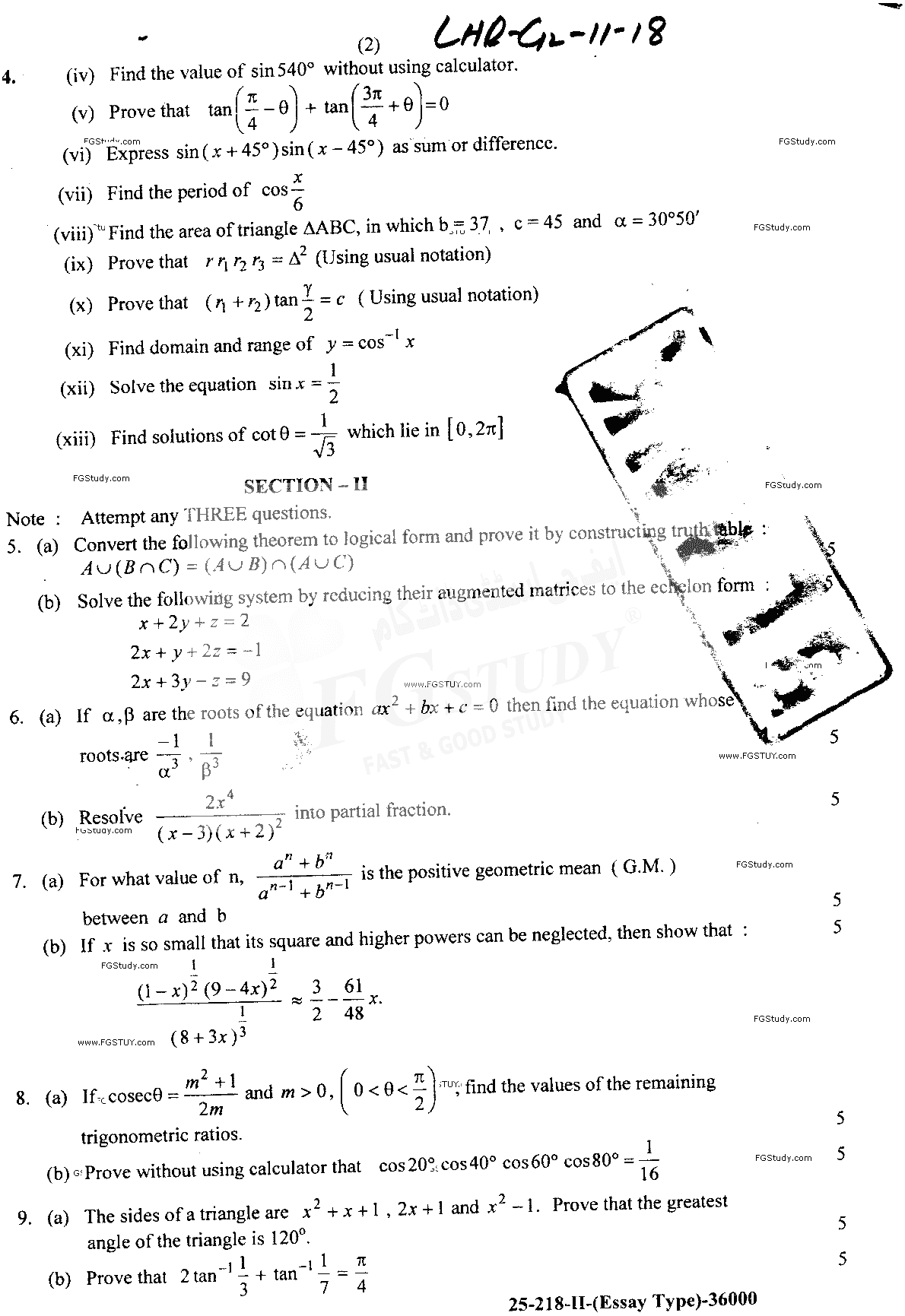 11th Class Mathematics Past Paper 2018 Lahore Board Group 2 Subjective